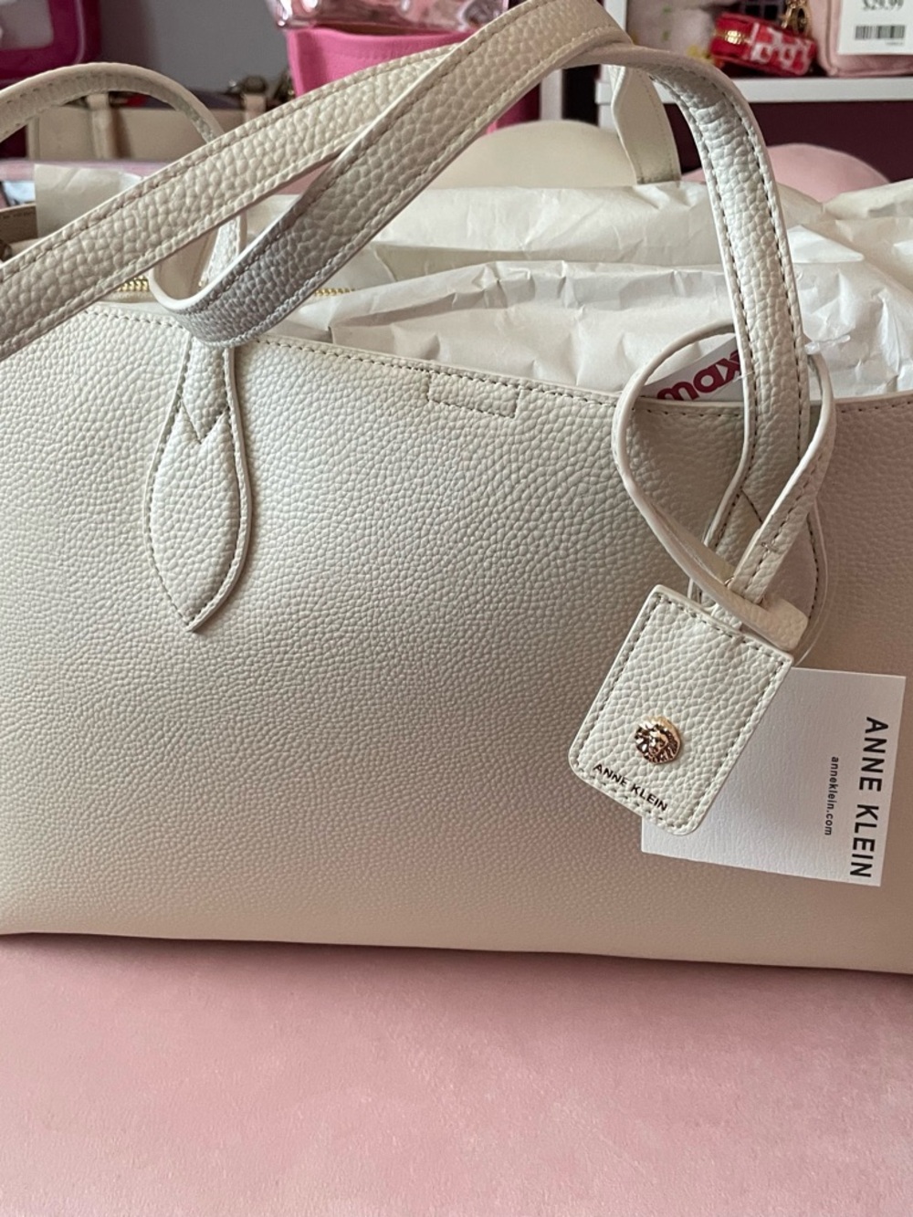 Anne Klein Pebbled Cream Tote with Gold Accents
